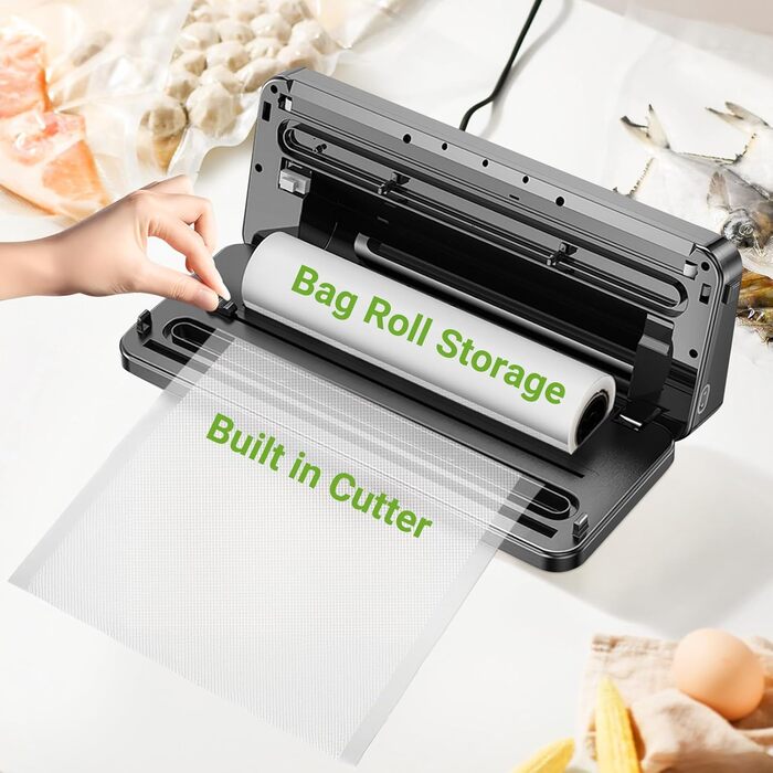 Вакуумний пакувальник 6-в-1 з мішками та рулонами, вбудований різак