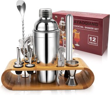 Cocktail Set, Stainless Steel Cocktail Shaker Bar Set, 12-Piece Cocktail Mixer Set with Wooden Stand, Measuring Cups and Bar Spoon, 750ml Shaker Cocktail Set for Home or Bar