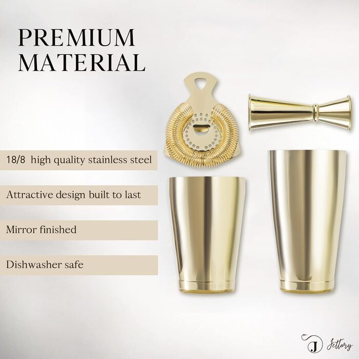Boston Shaker Set - 4-Piece Cocktail Shaker Kit with 18/28 oz Boston Shaker Stainless Steel, Strainer, and Jigger, in a Stylish Gift Box - Ideal for Home Bar Use. (Gold)