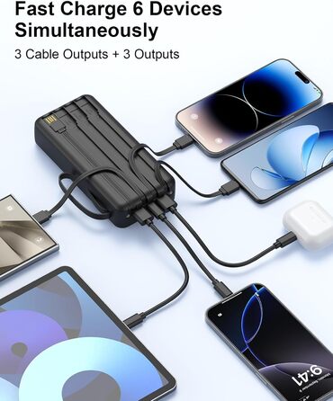 Портативний зарядний пристрій Power Bank 20000mAh, 22.5W, з LED дисплеєм, 6 виходів, 2 входи, сумісний з iPhone, Samsung, Pixel (Чорний)