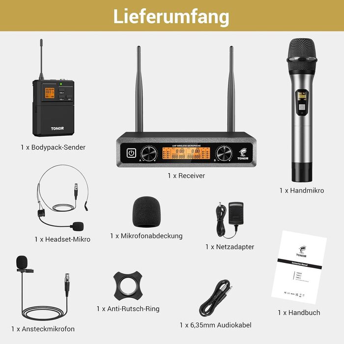 TONOR Бездротовий мікрофонний комплект з 4 каналами UHF: ручний, нагрудний, гарнітурний, лавел'єрний. Дальність дії 90м. Підходить для співу, караоке. 2 ручні мікрофони та 2 кишенькові передавачі
