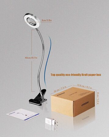 LED лампа для читання з кліпсою, диммер, 3 режими, 10 рівнів яскравості, срібляста, 8W