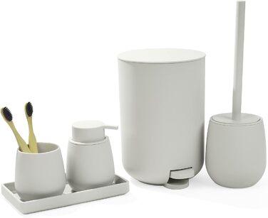 GAHEFY Badset Badezimmer Zubehör Set Beige, Badausstattung Sets Deko, 5-teiliges Bad Set - Seifenspender, Zahnbürstenhalter, Schminktablett, Klobürste und Mülleimer Set für Bad (Beige)