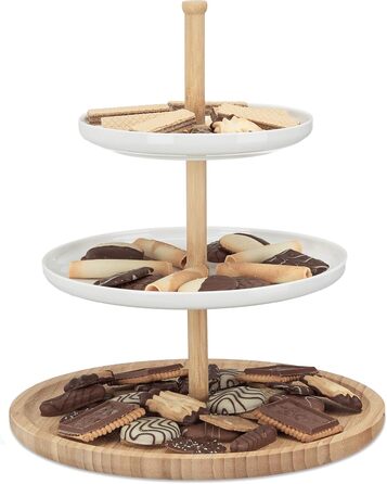 Relaxdays Bamboo and Ceramic Tiered Serving Tray, 3-Tier, DxH: 30 x 36 cm (Diameter x Height) for Cookies, Fruit, Snacks, natural white