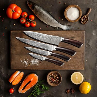 Набір кухонних ножів BEM Master Chef 6 шт. з підставкою: кухонний, овочевий, хлібний, універсальний ножі + точилка (дамаст)