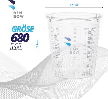 BenBow Professional Measuring Cup 100x 680ml without lid with versatile scaling - Cup with scale, mixing cup, paint mixing cup, measuring cup, paint cup, disposable mixing cup