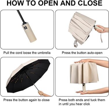 Вітростійкий автоматичний парасолька для подорожей, 12 ребер, для чоловіків та жінок (Бежевий)
