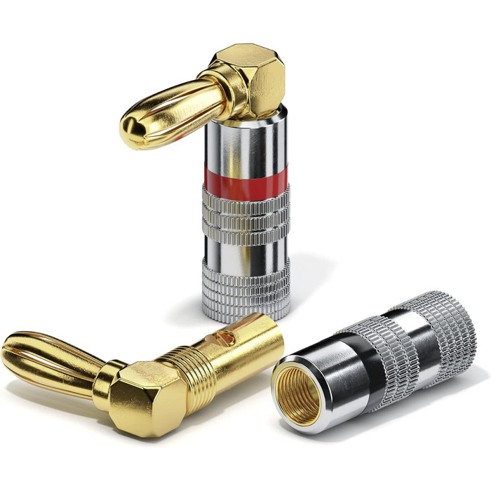 Бананові конектори Sonero® для акустичних кабелів до 6 мм², 4 шт. з кольоровим кодуванням (12x червоний, 12x чорний), 24K позолота (набір 4 шт., кут 90°, Single)