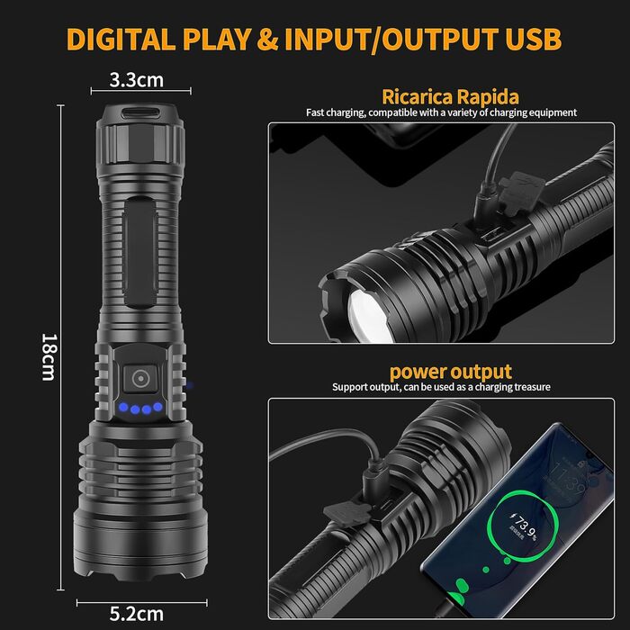 Повторно заряджувана ліхтарик 500000 люменів, надпотужний LED ліхтарик з акумулятором та USB-кабелем, тактичний ліхтарик, 5 режимів для кемпінгу, надзвичайних ситуацій та читання