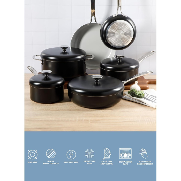 Набір кухонного посуду Sur La Table Kitchen Essentials 13-Piece, преміум-кераміка, антипригарне покриття, для індукційних плит, знімний ручка, смарагдово-зелений