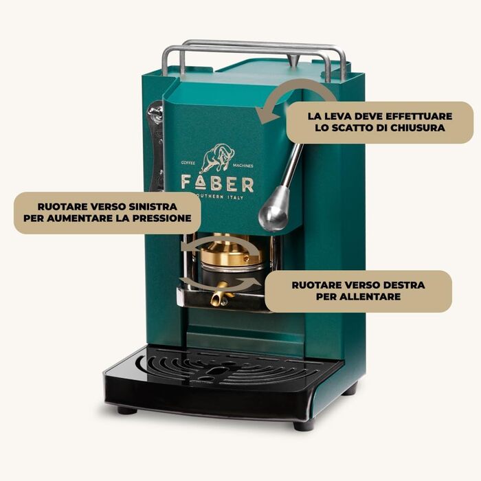 Кавова машина FABER Pro Mini Deluxe для ESE-подів 44 мм, хром, латунний прес, British Green