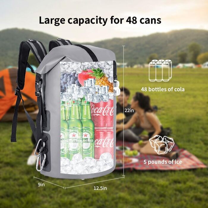Рюкзак-холодильник Iculbag 35L для дорослих, 48 банок, складний, армійний зелений (сірий), для пляжу, кемпінгу та подорожей