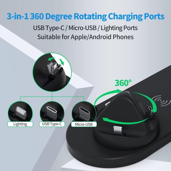 База для бездротової зарядки 6-в-1, 360° обертання, сумісна з Apple, Micro, Type-C, Qi, iWatch, AirPods, iPhone, Samsung Galaxy, чорний
