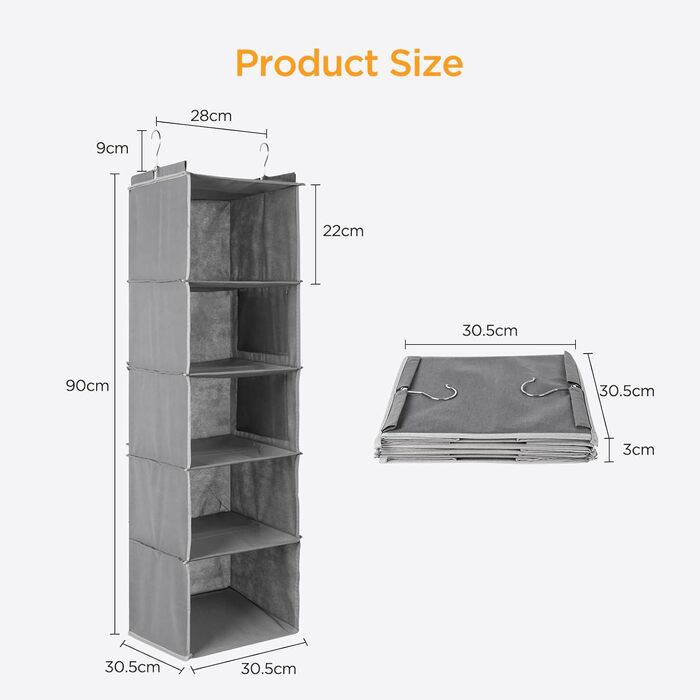 Органайзер для шафи Cozary з 5 відділеннями, складаний, з металевими гачками - сірий