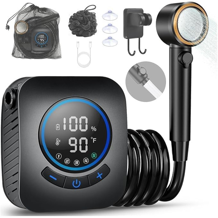 Портативна душова кабіна для кемпінгу Spardar, 8000mAh, з насосом та індикатором температури, 2м шланг, для відпочинку, автомийки, домашнього використання, чорна