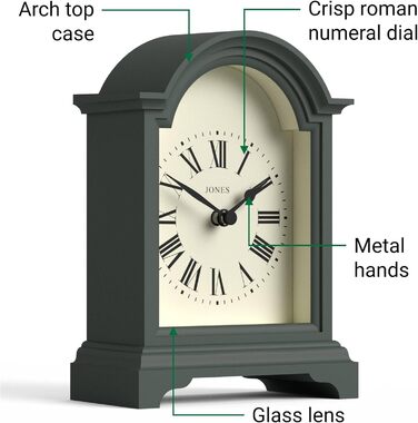 JONES CLOCKS® Bistro Table Clock | Classic Arch Design | White | Timeless style for desk, table, shelf or nightstand (Green)