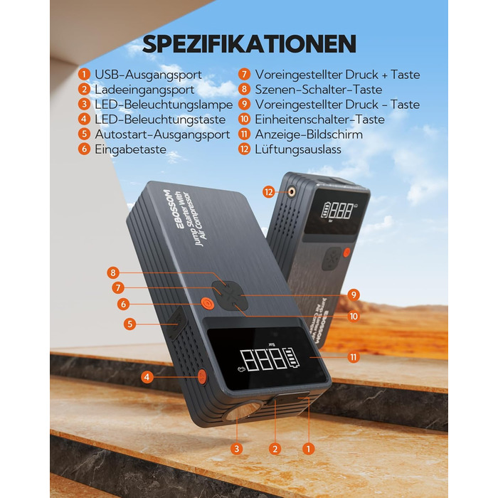 Powerbank Starthilfe JC8-12000mAh: Powerbank для авто з компресором, 12000mAh, LED-лампа, USB-C, ресeт-комплект