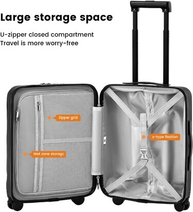 Чемодан ручної об'єм 20 дюймів з відділенням для ноутбука, легкий валіз з жорсткою оболонкою та TSA-замком, ручна поклажа на спінінгових колесах, USB-зарядний пристрій та тримач для напоїв, чорний