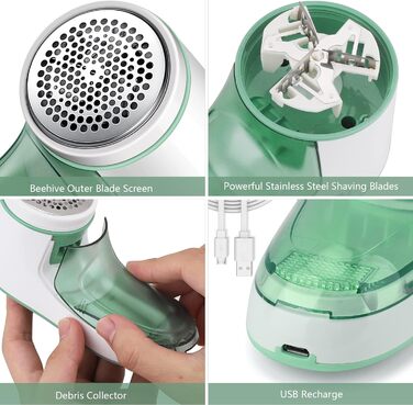 Електричний видалення ворсу для одягу, бездротовий, з USB-кабелем, змінна насадка, для пуловерів та вовняних виробів (зелений)