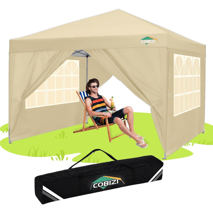 COBIZI Gazebo 3x3 Waterproof, Stable, Winter-Proof Foldable Gazebo 3x3 with 4 Side Walls Outdoor Pop-up Gazebo Folding 3x3m UV Protection 50+ Garden Tent Party Tent Folding Party Tent incl. Bag (Khaki)