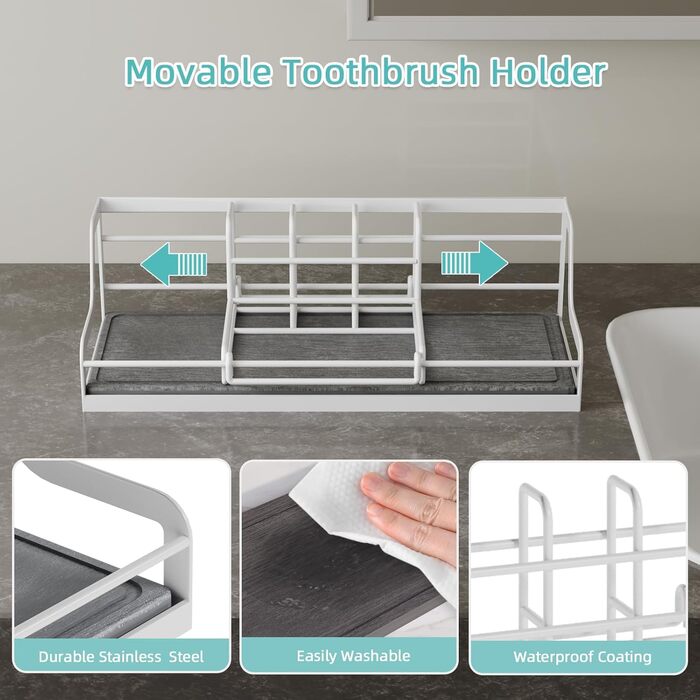 Тримач для зубних щіток у ванну кімнату: органайзер на 6 слотів, швидковисихаючий, для електричної зубної щітки, з абсорбуючою силіконовою гумкою, аксесуари для ванної кімнати з регулюванням (білий)