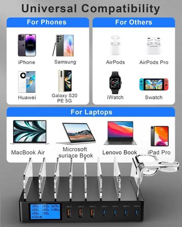 Зарядна станція 245W для декількох пристроїв, 7 портів USB, LCD-дисплей, кабель 7 шт. + тримач для iWatch, для iPhone, планшетів та іншої електроніки - чорна