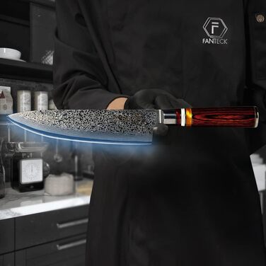 Професійний кухонний ніж FANTECK Gyuto 20 см з дамаської сталі VG-10, 67 шарів, японський шеф-ніж із руків'ям з пакка-дерева у подарунковій коробці