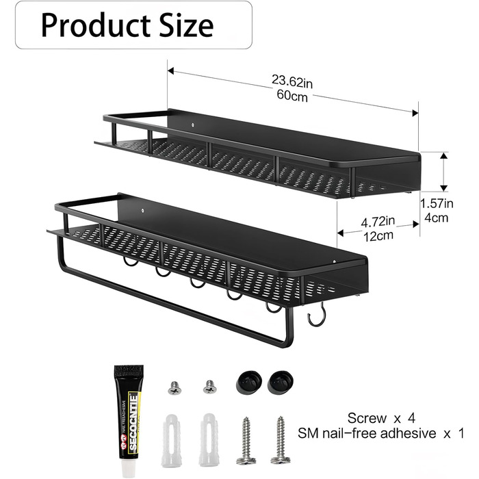 Поличка для душу Devesanter без свердління, 2 шт., 60 см, органайзер для шампуню та мила з тримачем для рушників та 6 гачками, для ванної кімнати, спальні, кухні, чорний