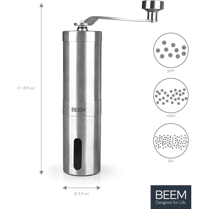 Ручна кавомолка BEEM GRIND-2-GO, 40 г, конічний жорн, безступеневе регулювання помолу, нержавіюча сталь, бавовняний мішечок