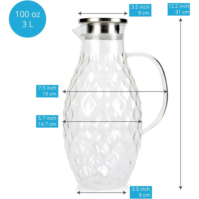 Borosilicate glass carafe with lid - Glass carafe with unique diamond pattern for 3 liters of cold or hot water - Water carafe and drink dispenser for homemade iced tea and juice