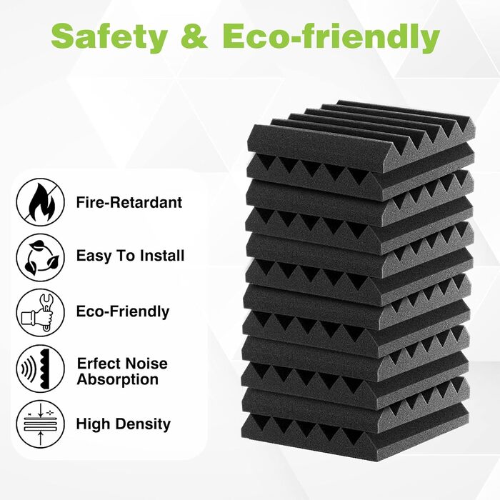 Акустичний поролон Foneso для звукоізоляції, панелі-поглиначі шуму 30x30x5 см, висока щільність 25кг/м³, чорний (12 шт) для студії, офісу та кінотеатру