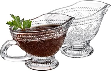 Kingrol 2-Piece 9.5 oz Sauce Dishes for Serving Sauces, Salad Dressings, Syrup, Coffee, Milk, Glass Pitchers with Embossed Vintage Design