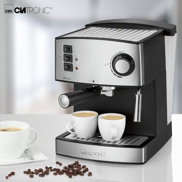 Clatronic® Espresso Machine | Small Coffee Machine | 15 bar Pump Pressure | 1.6 Liter Transparent Water Tank (Removable) | 2 Stainless Steel Nozzles with Frothing and Hot Water Function | 850 Watts | ES 3643