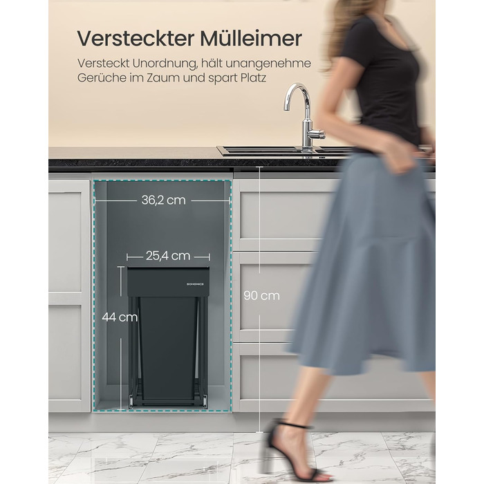 Відро для сміття SONGMICS 2 x 15 л з роздільними відсіками для нижньої шафи, сталевий каркас, ABS-кришка, чорний колір, LTB950B01