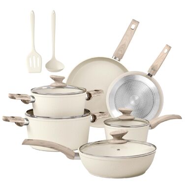 Набір посуду для індукції DishDelight, 12 предметів, гранітне антипригарне покриття, бежевий колір. Каструлі та сковороди з кришками.