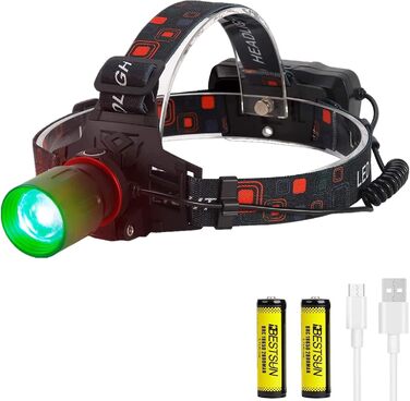 Налобний ліхтар BESTSUN LED, 1000 люмен, зум, зелений світло, акумуляторний, для нічного бачення, кемпінгу, риболовлі