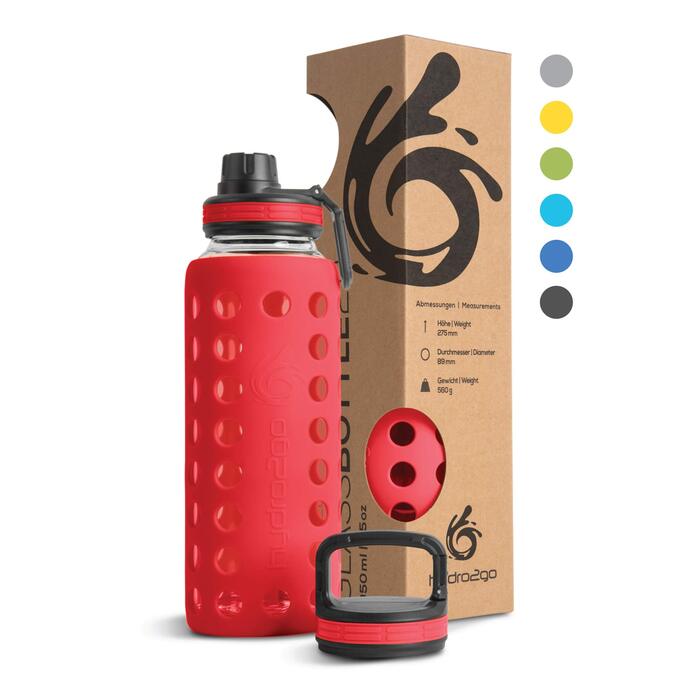Пляшка для води Hydro2Go Glas Urban Red 2.0 950 мл з силіконовим чохлом та соломинкою, BPA-free, герметична, для посудомийної машини