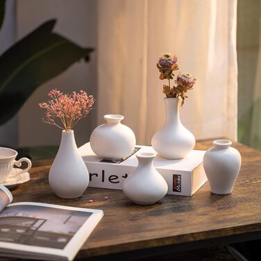 Set of 5 Small White Ceramic Vases - Mini Handmade Vases for Pampas Grass & Flowers - Modern Home Decor for Living Room, Kitchen, Office & Table