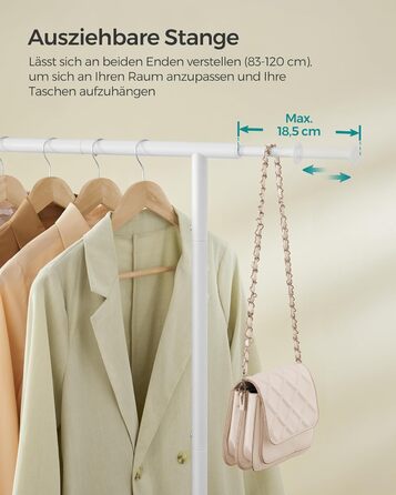 SONGMICS Clothes Rack with Wheels, Extendable Clothes Rod, Clothes Rail from Steel Pipes, Elevated Storage Rod, 40 x (83-120) x 156 cm, Cloud White HSR134W01