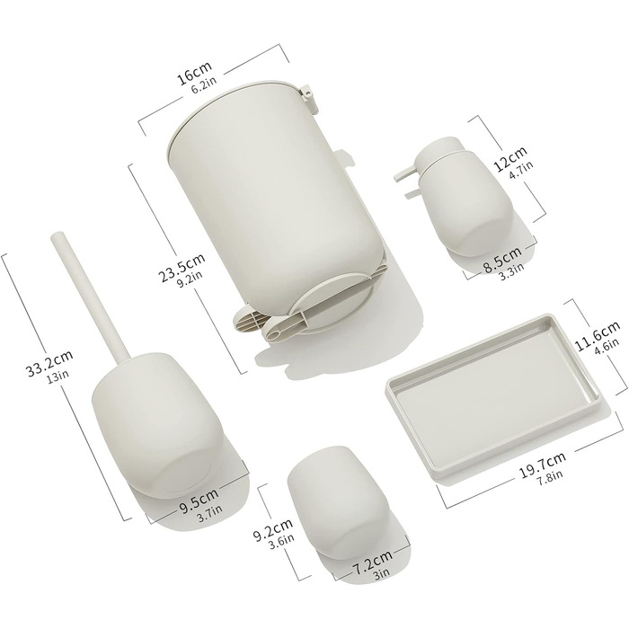 GAHEFY Badset Badezimmer Zubehör Set Beige, Badausstattung Sets Deko, 5-teiliges Bad Set - Seifenspender, Zahnbürstenhalter, Schminktablett, Klobürste und Mülleimer Set für Bad (Beige)