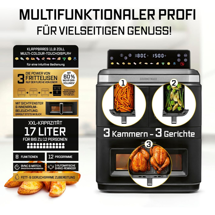 Фритюрниця електрична Gourmetmaxx FryUp3 з 3 камерами 17л, Airfryer з сенсорним дисплеєм, 12 програм, вікном огляду – для 12 осіб