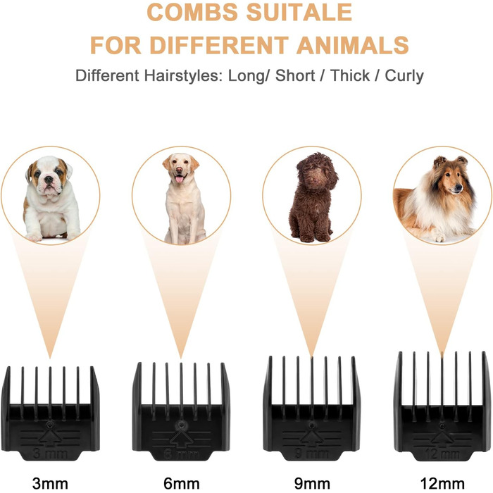 Безшумна машинка для стрижки собак та котів з 2 швидкостями, акумуляторна, бездротова, з 11 насадками (чорний/золотий)