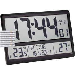 TFA Dostmann XL Wall Clock digital, 60.4520.01, with temperature and humidity, weekday (8 languages), radio-controlled clock, easy to read, large, (Black with batteries)
