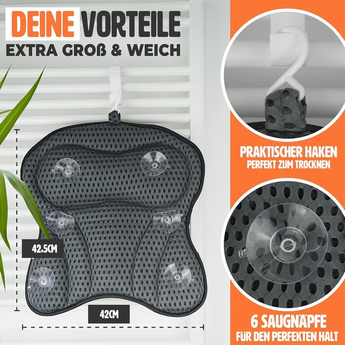 Bathtub Pillow – [TESTED QUALITY] - includes 6 extra strong suction cups – bath pillow with ergonomic fit for neck and back – high-quality neck pillow – [INCLUDES extra carrying bag] (Gray)