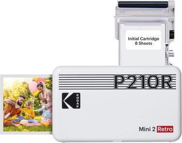 Фотодрук Kodak Mini 2 Retro: компактний мобільний принтер Bluetooth, 5.3x8.6 см, комплект з 38 картками, білий