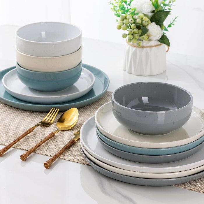 Набір посуду GBhome Teller- und Schüssel-Set: 12 елементів керамічного посуду для 4 осіб. Стійкий до подряпин та миття в посудомийній машині. Сучасний посуд для мікрохвильової печі та посудомийної машини (багатобарвний).