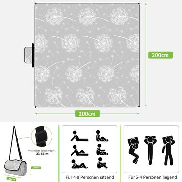 Waterproof Picnic Blanket, Sand-Free Beach Blanket 200x300, Outdoor Rug, Picnic Blanket XXL Extra Large, Camping Blanket Ultralight Portable, Grey (200*200)