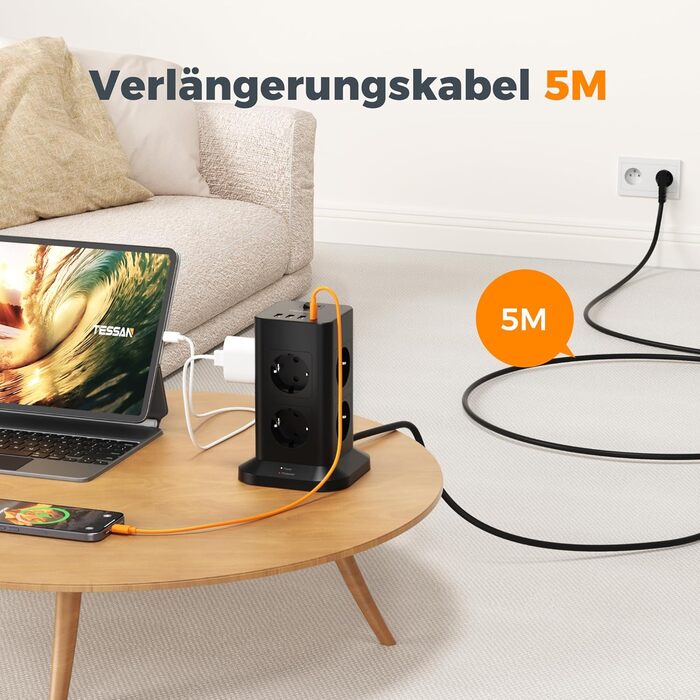 Розподільник розеток TESSAN з 8 розеток, 2 USB-C, захистом від перенапруги, 4 USB, вимикачем та кабелем 2м (3600W) для офісу (сірий/білий)