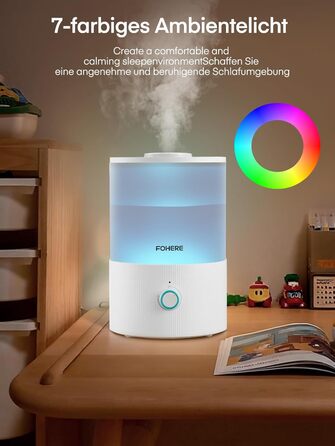 Зволожувач повітря FOHERE для спальні, 3.2л, тихий, для дітей, з верхнім заповненням, 28 годин роботи, 360° охолоджуючий туман, BPA-free, аромадифузор, нічне світло 7 кольорів для рослин, дому, офісу