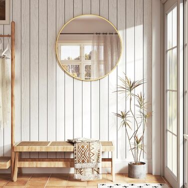 Круглий настінний дзеркало WOLTU 40 см з рамою, декоративне для ванної, спальні, вітальні, коридору, з металу, скла та MDF, золотий (71 x 71 см)